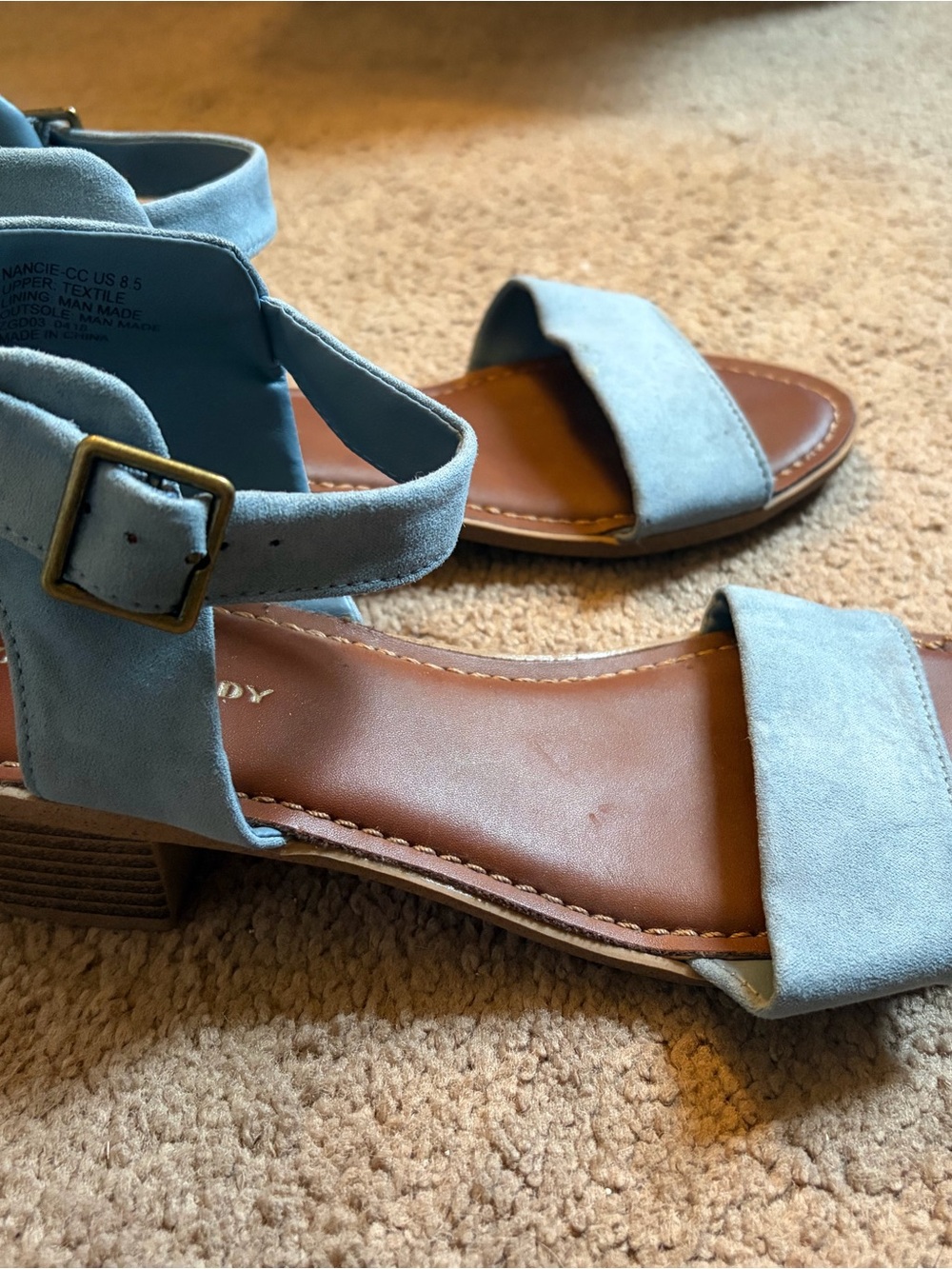 Rock & Candy Light Blue Suede Ankle Strap Block Heel Sandals